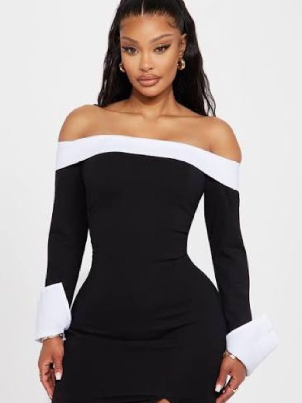 Fashion Nova Black Off-Shoulder Top with White Collar and Cuffs